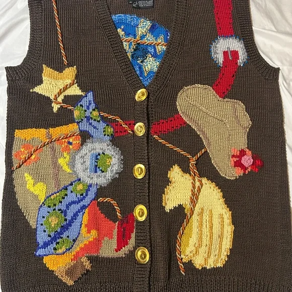 Vtg 90s Berek Marta D Sweater Vest M Wearable Art Hand Knit Western Cowgirl - Picture 7 of 16